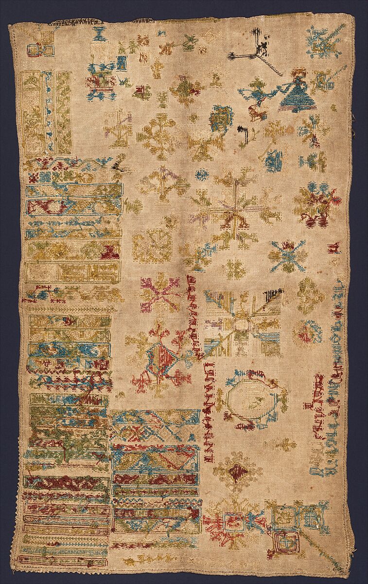 Sampler with geometric patterns, lettering, and various motifs, Silk embroidery on linen, Dutch