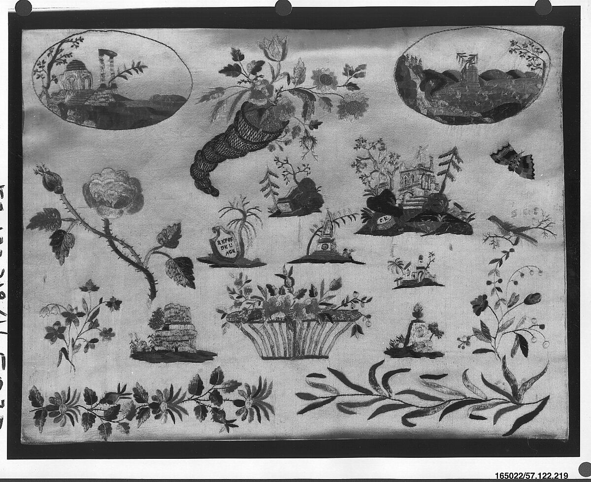 Sampler, Silk and metal thread on satin, Austrian 