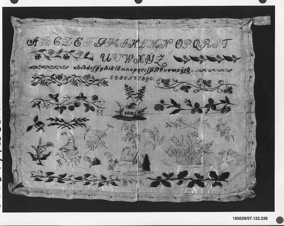 Sampler, Silk, silk chenille and silver thread on silk, Austrian 