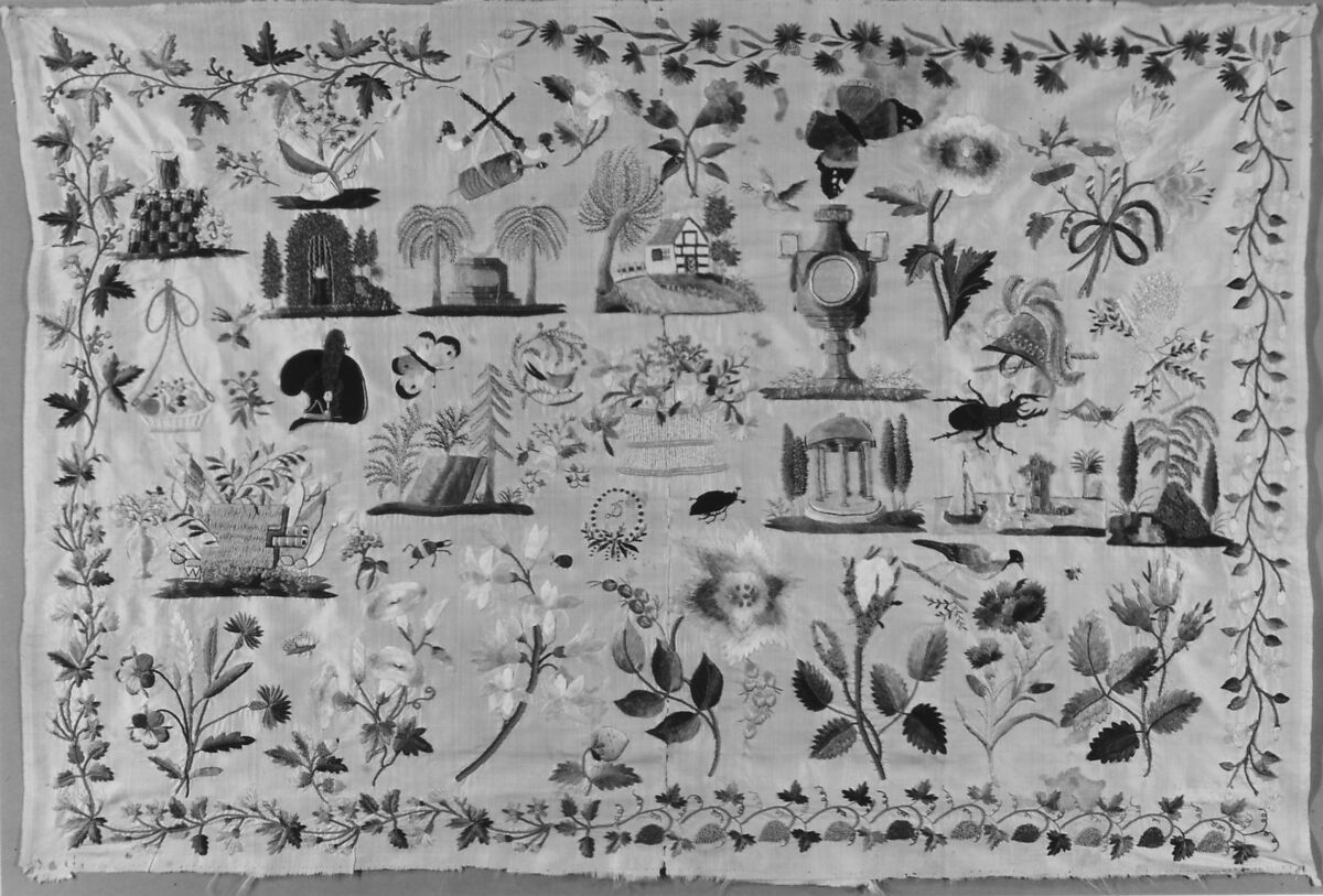 Sampler, Silk, metal thread and chenille on silk, German or Austrian