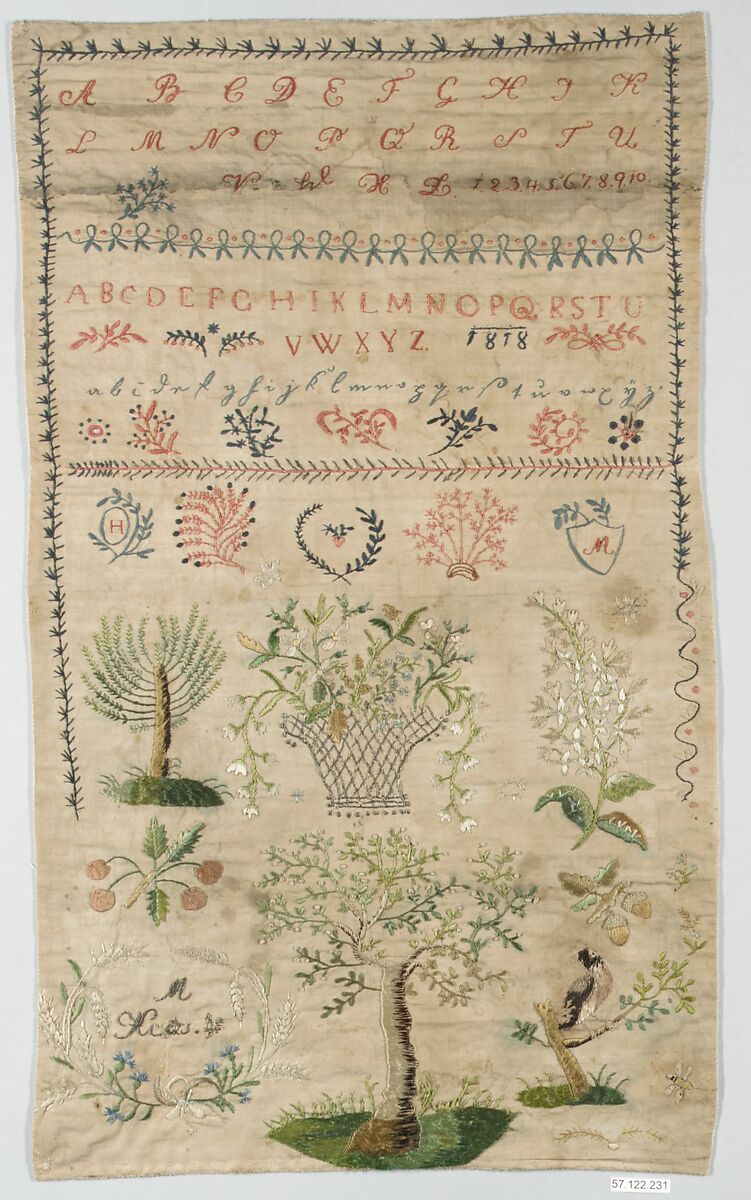 Sampler, Linen, silk and metal thread on linen, Austrian
