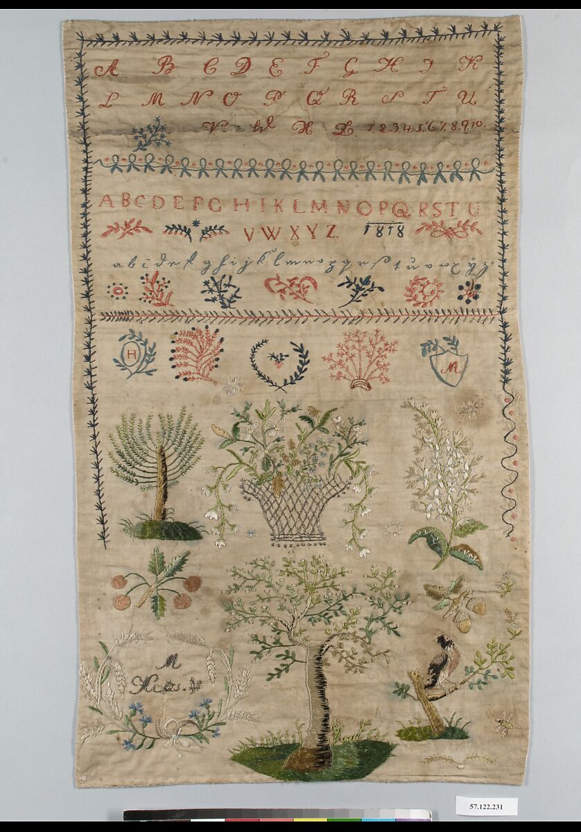 Sampler, Linen, silk and metal thread on linen, Austrian