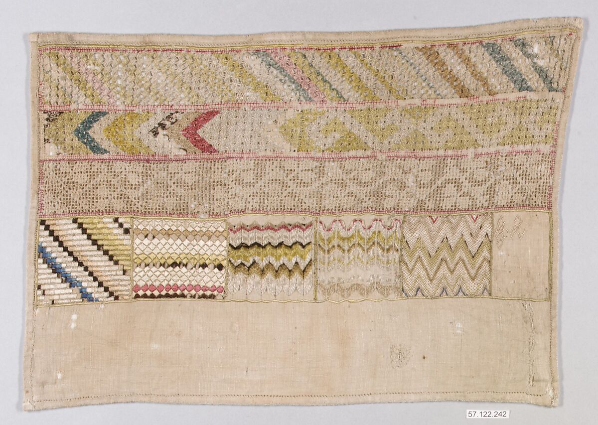 Sampler, Drawnwork, embroidery, linen and silk, Spanish or Mexican