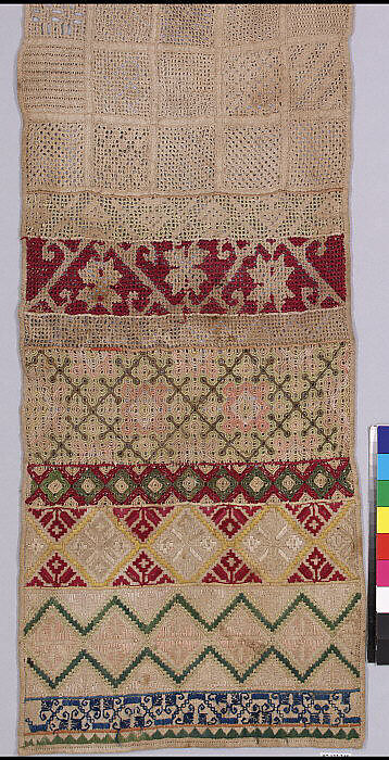 Sampler, Drawnwork, emboidery, linen and silk, Spanish or Mexican 