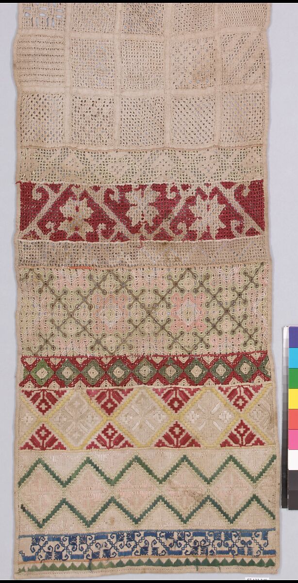 Sampler, Drawnwork, emboidery, linen and silk, Spanish or Mexican