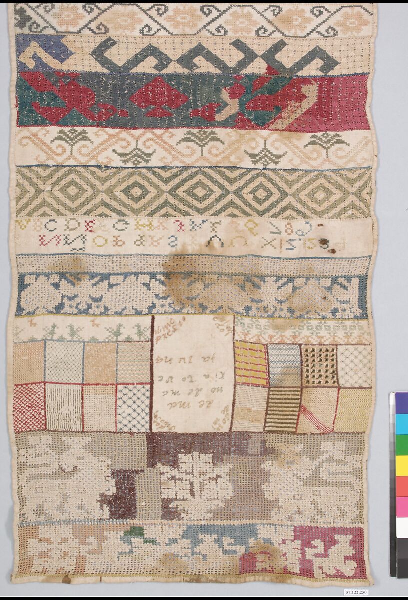 Sampler, Silk on linen, drawnwork, Mexican