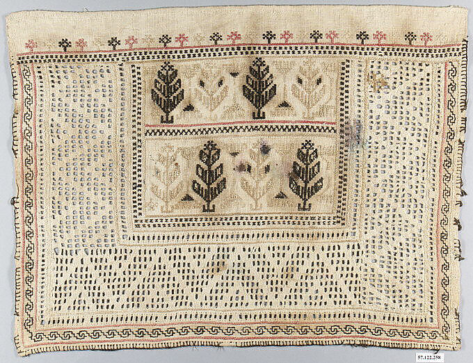 Sampler, Drawnwork, embroidery, cotton and metal thread, Spanish 