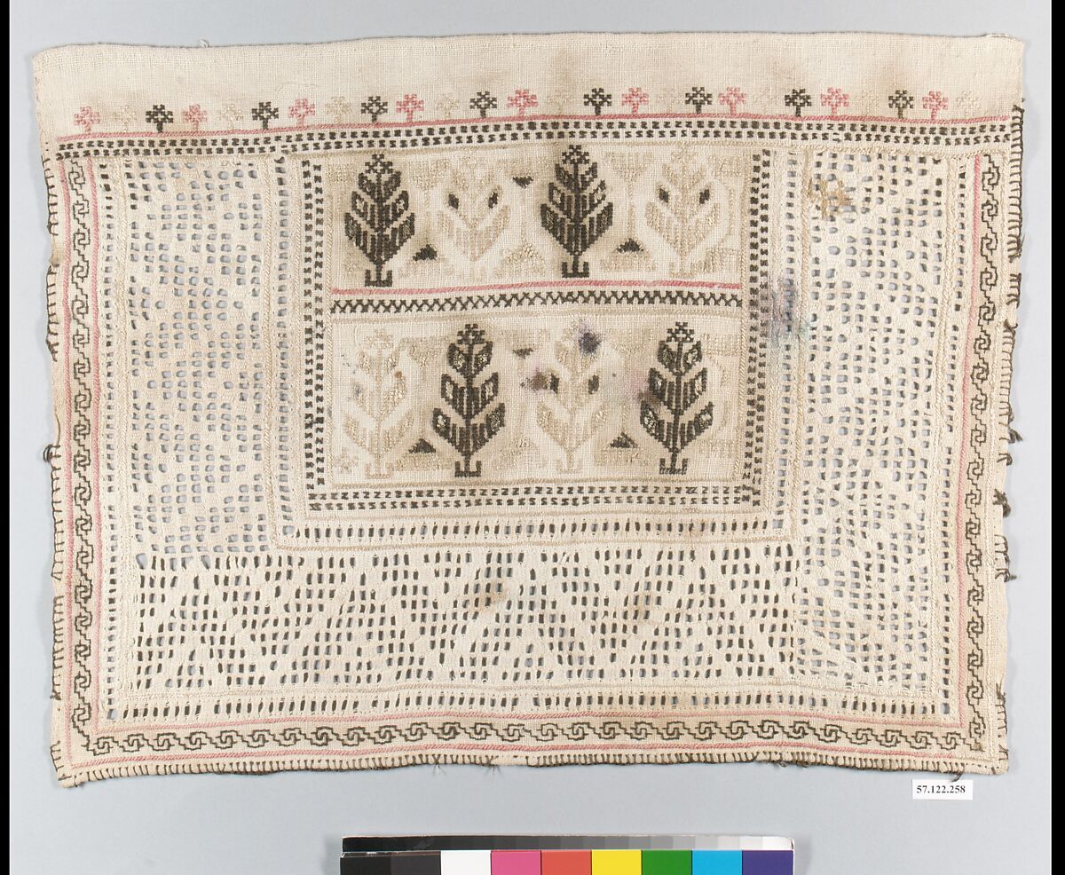Sampler, Drawnwork, embroidery, cotton and metal thread, Spanish