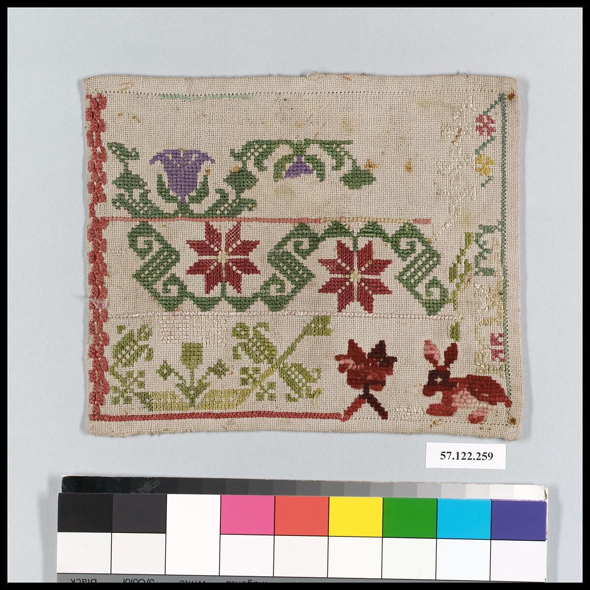 Sampler, Cotton, silk and wool on cotton, Spanish