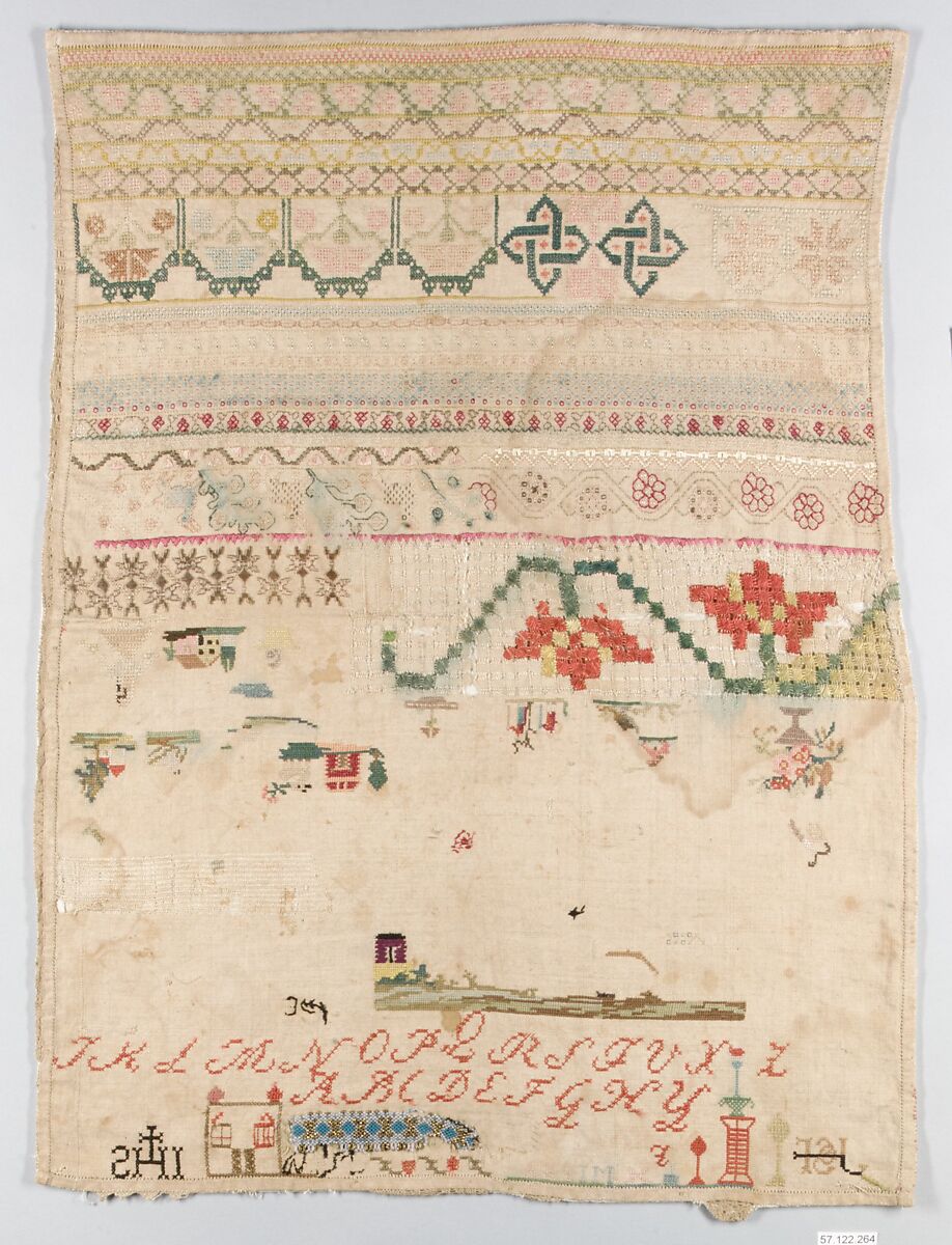 Sampler, Silk on linen and beadwork, Mexican 