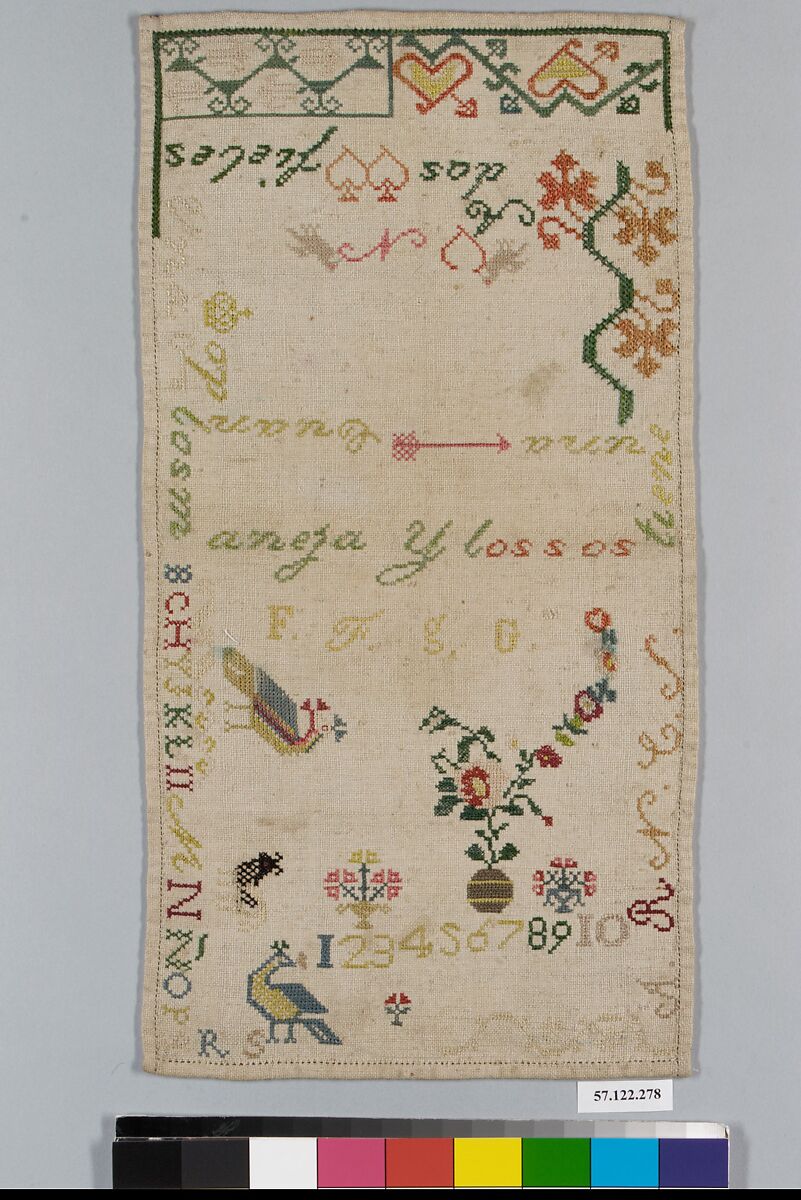 Sampler, Silk on cotton, Spanish