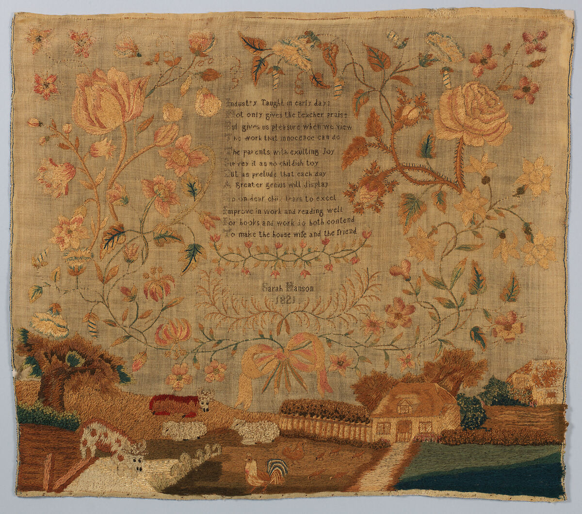 Sampler, Silk and wool on wool canvas, British 