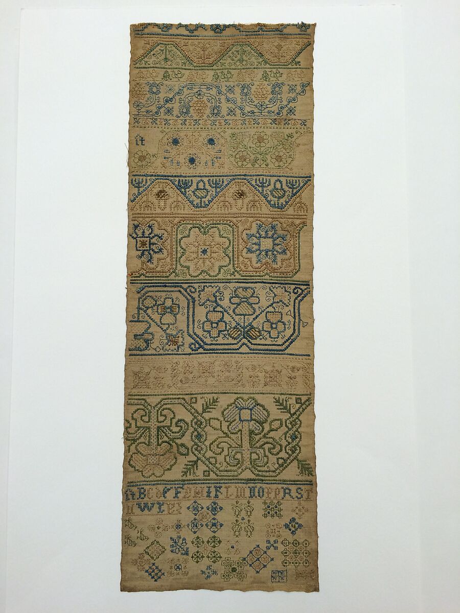 Embroidered band sampler, Silk on linen, British 