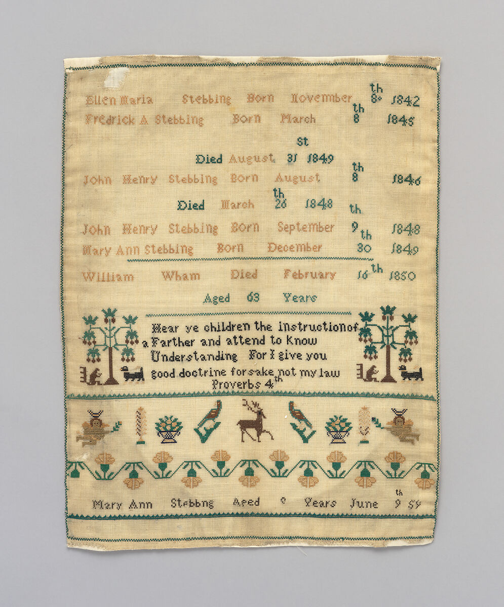 Sampler, Silk on wool canvas, British 