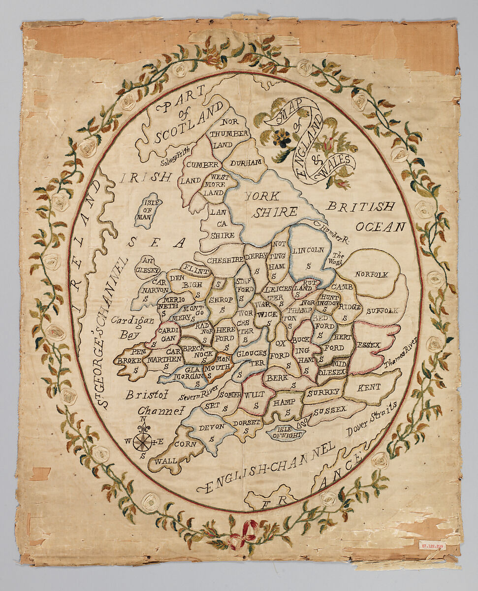 Embroidered map sampler, Silk and chenille on silk and linen, British 