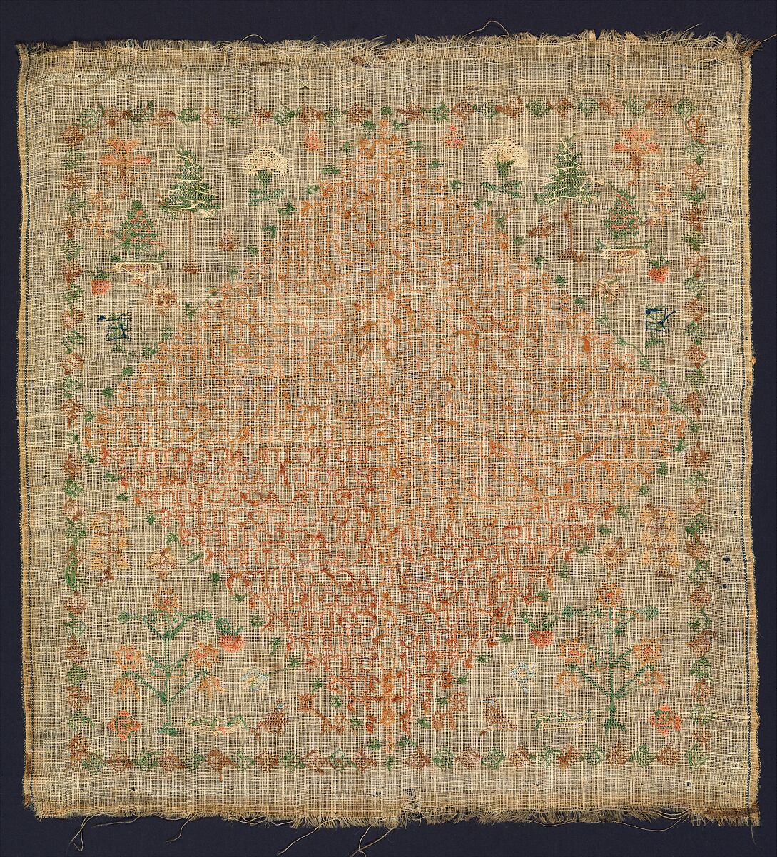 Sampler with an acrostic reading "Send Your Accounts", Silk embroidery on wool, British