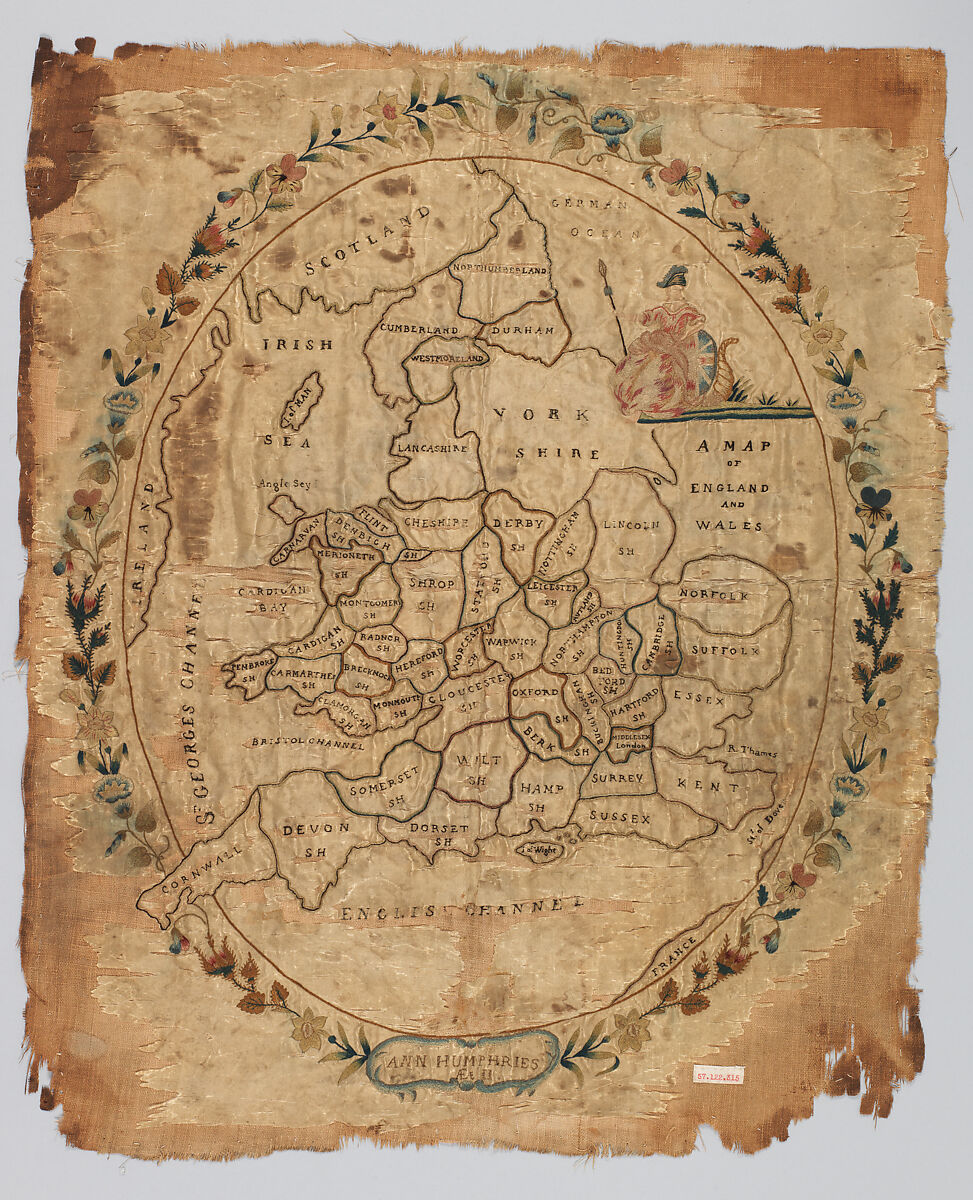 Embroidered map sampler, Silk on silk, British 