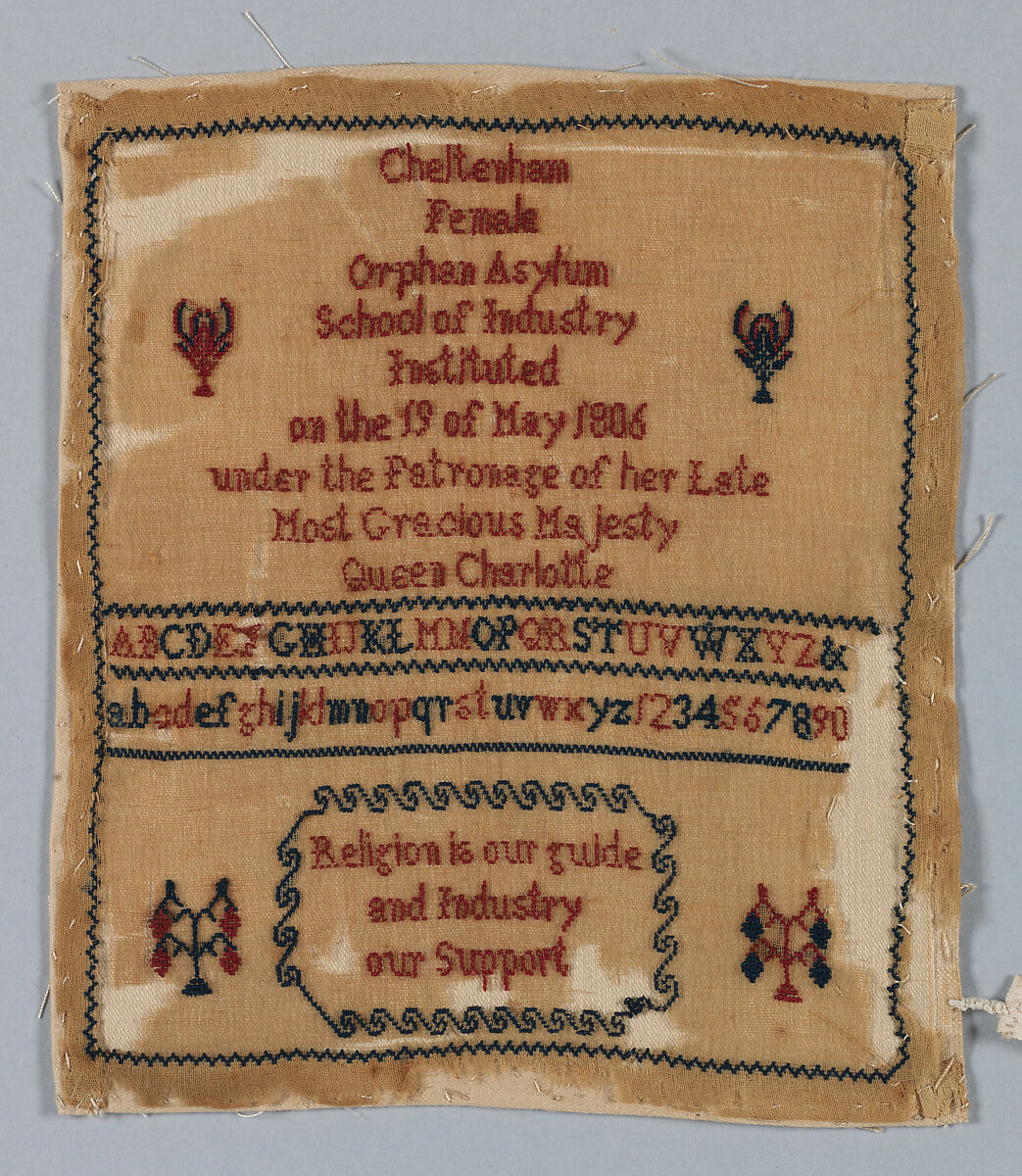 Orphan sampler, Silk on cotton, British 