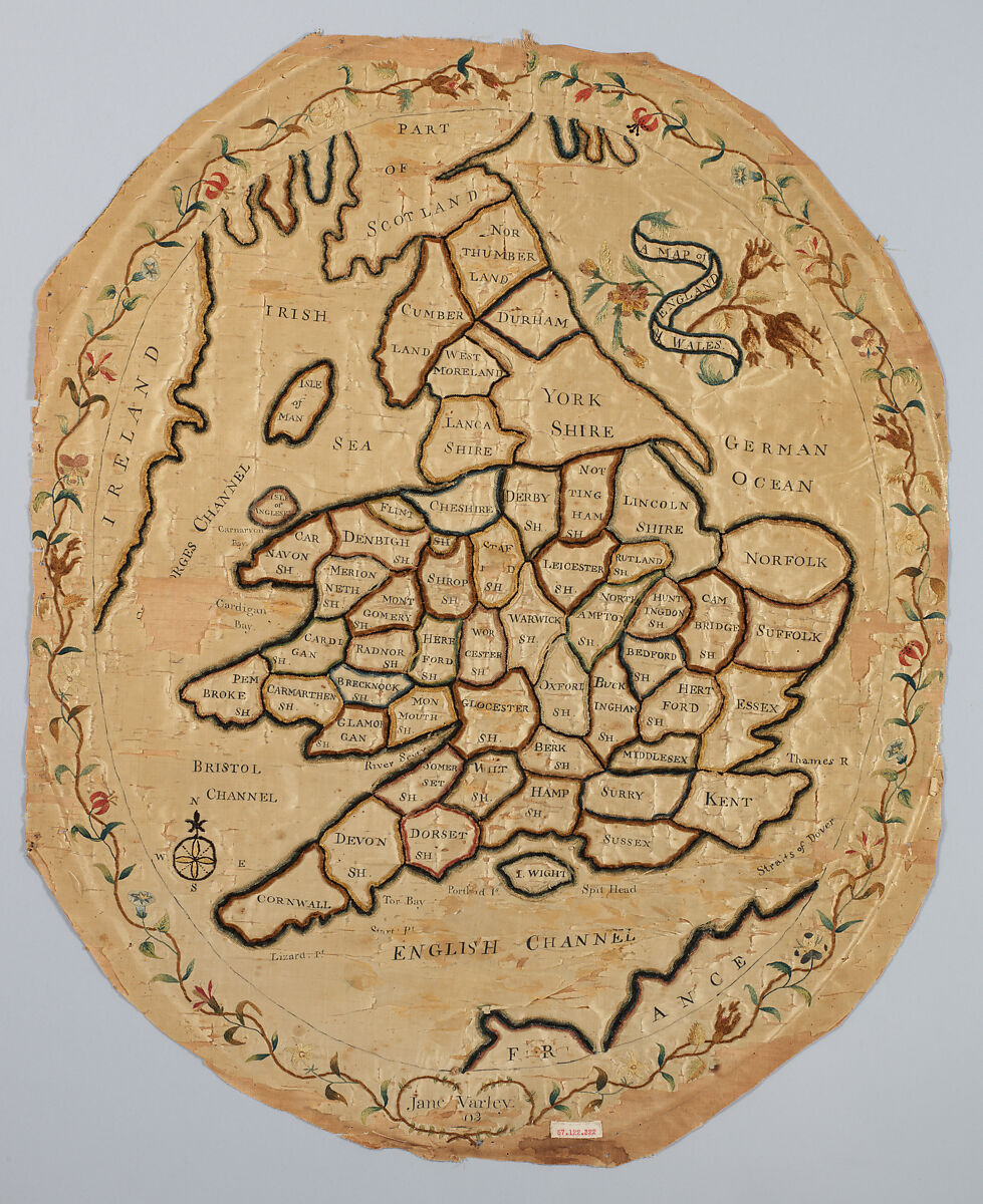 Embroidered map sampler, Silk and chenille on silk, British 