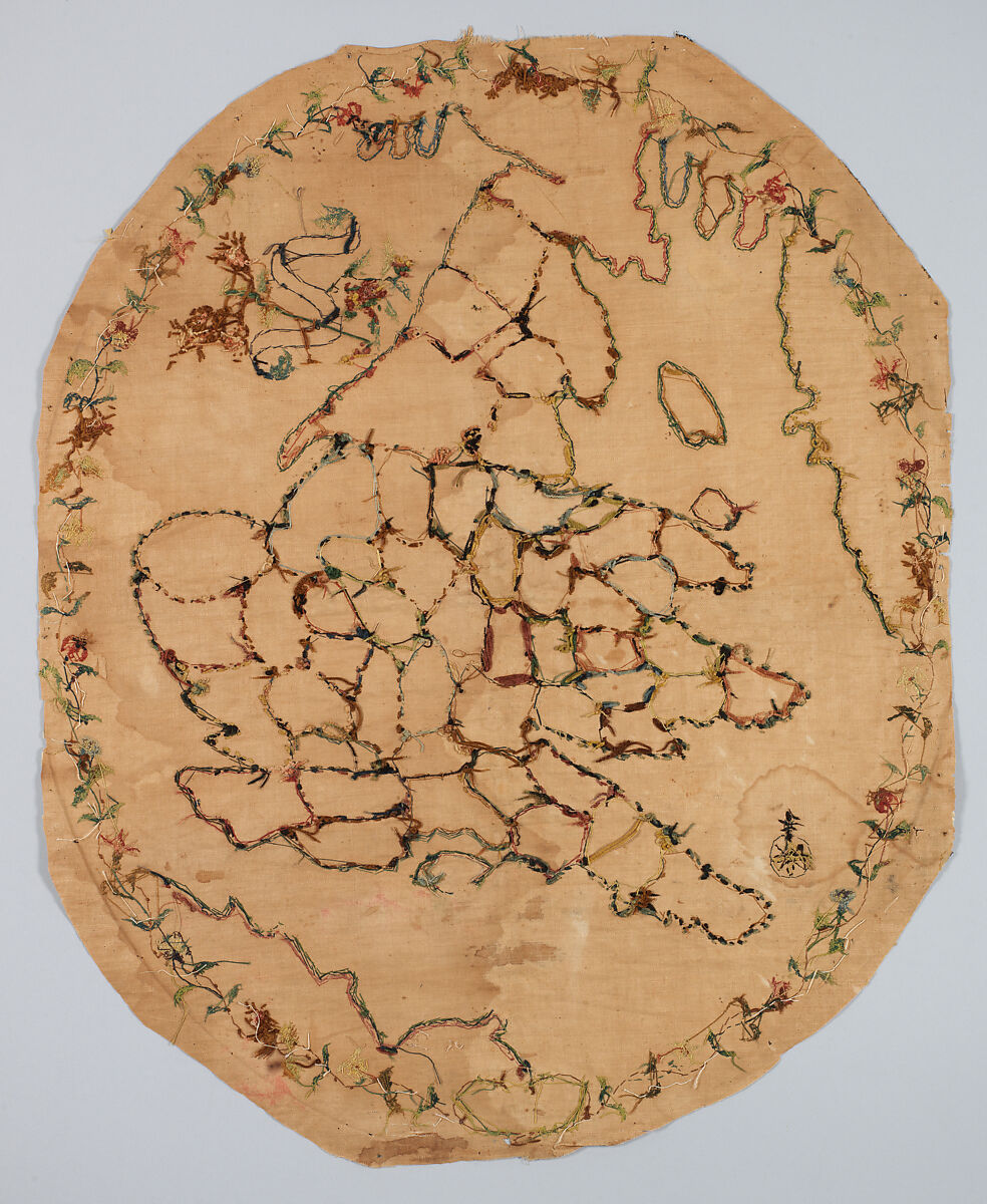 Embroidered map sampler, Silk and chenille on silk, British