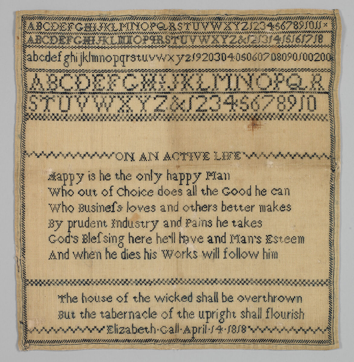 Sampler, Cotton on wool canvas, British 