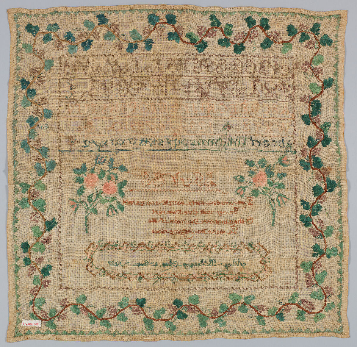 Sampler, Silk on linen canvas, British
