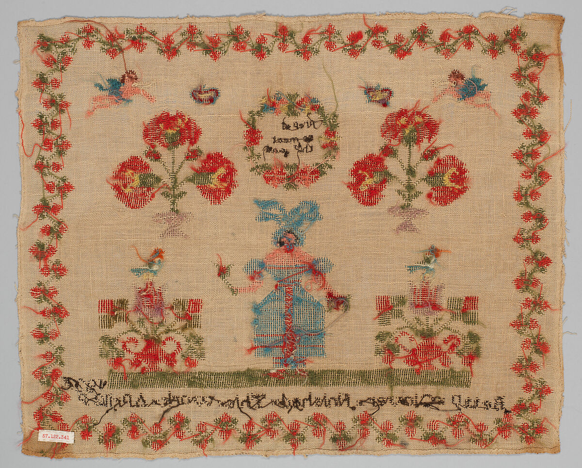 Sampler, Wool and silk on linen canvas, British