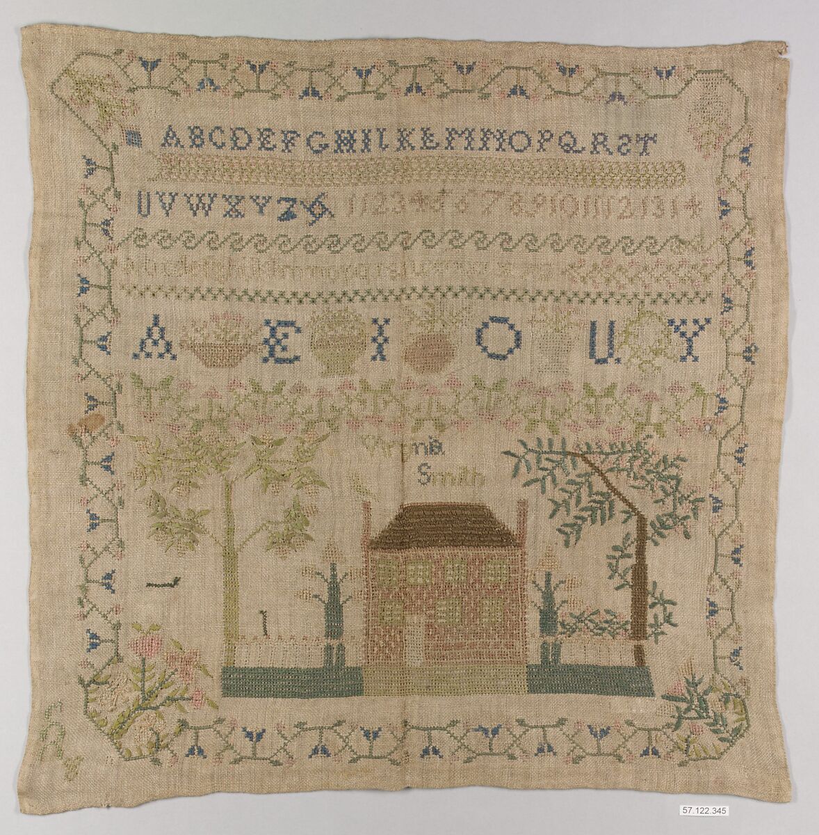 Sampler, Silk on linen canvas, British 