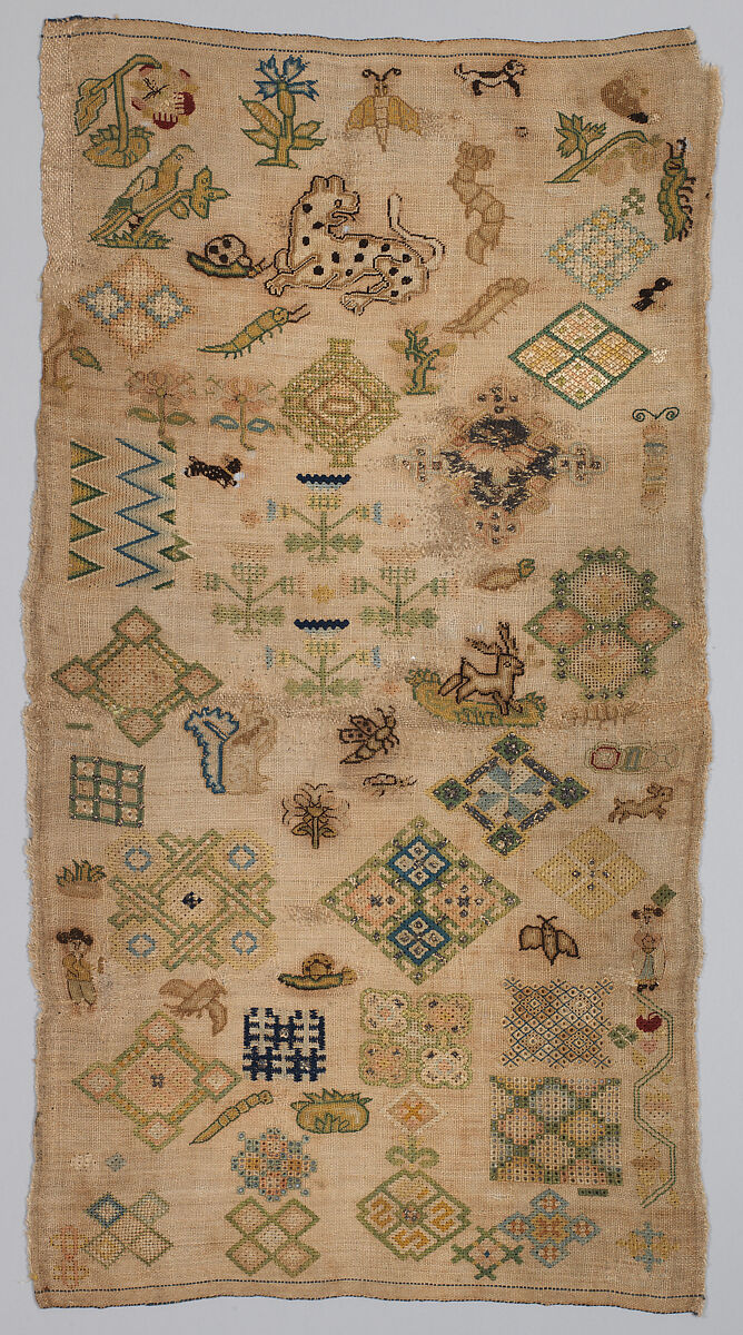 Embroidered spot sampler, Silk and metal thread on linen, British 