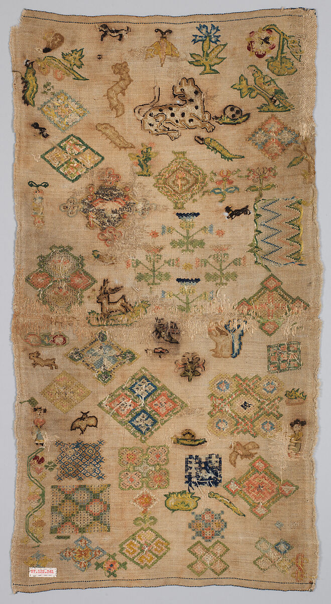 Embroidered spot sampler, Silk and metal thread on linen, British