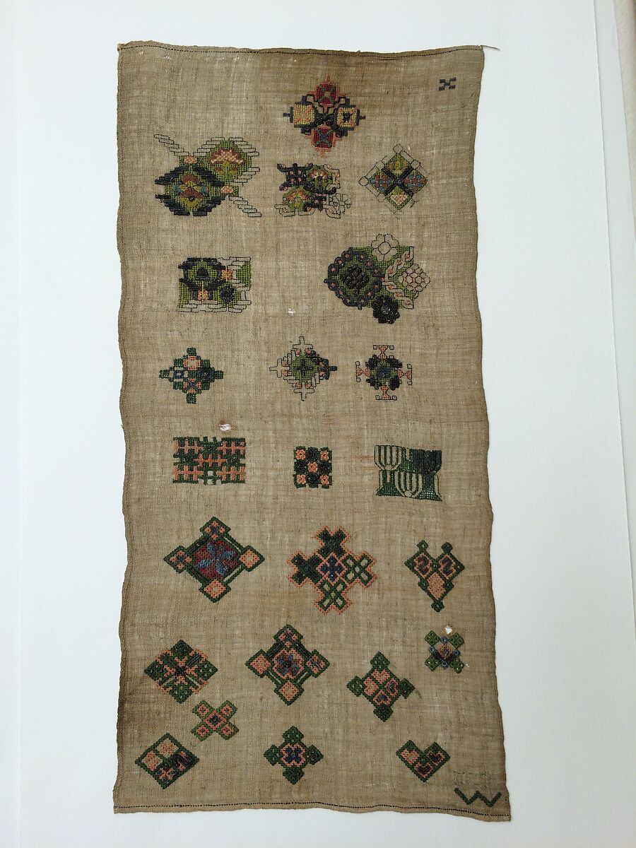 Embroidered spot sampler, Silk and metal thread on linen, British 