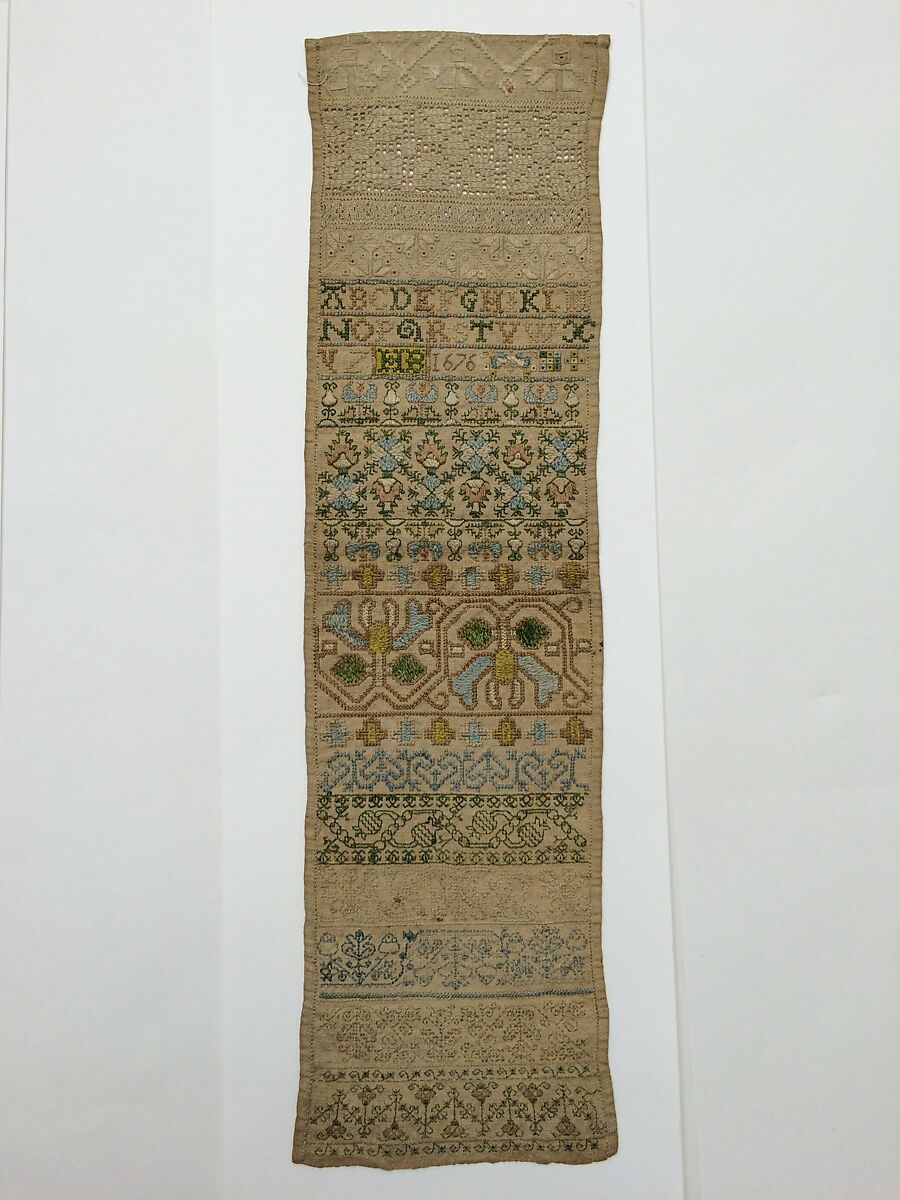 Embroidered band sampler, Linen and silk on linen, British 