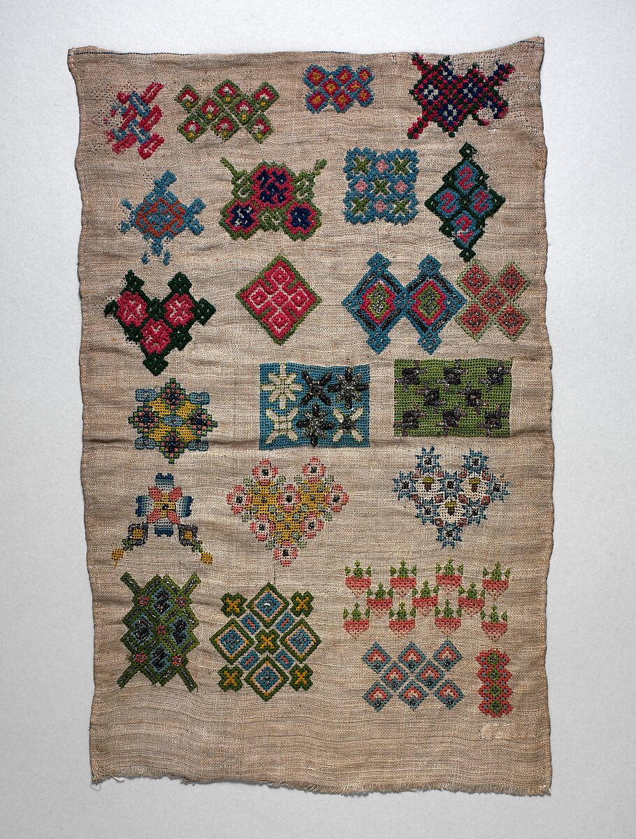 Sampler with geometric motifs, Silk, wool and silver thread on linen, British 
