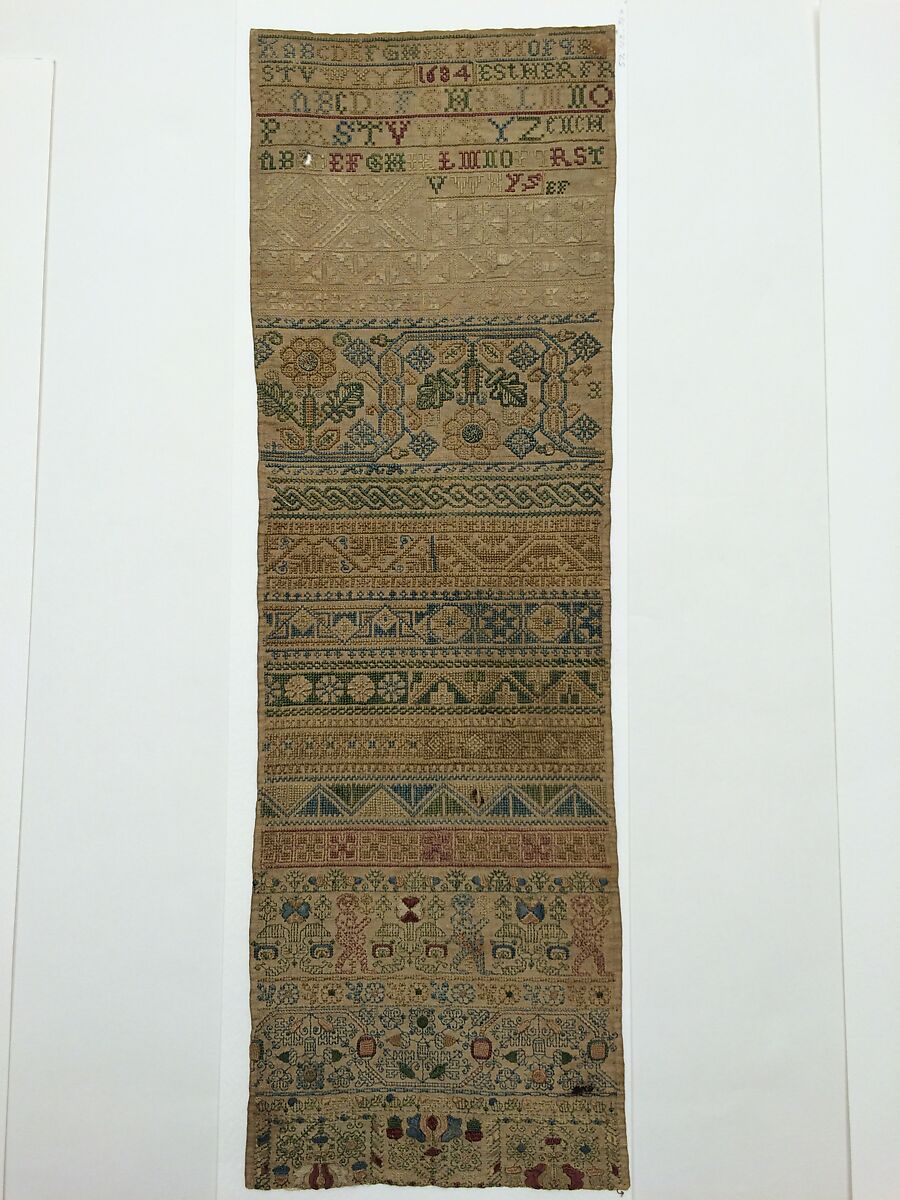 Embroidered band sampler, Esther French (British, born 1670)  , Warminster, Wiltshire, England, Silk on linen, British 