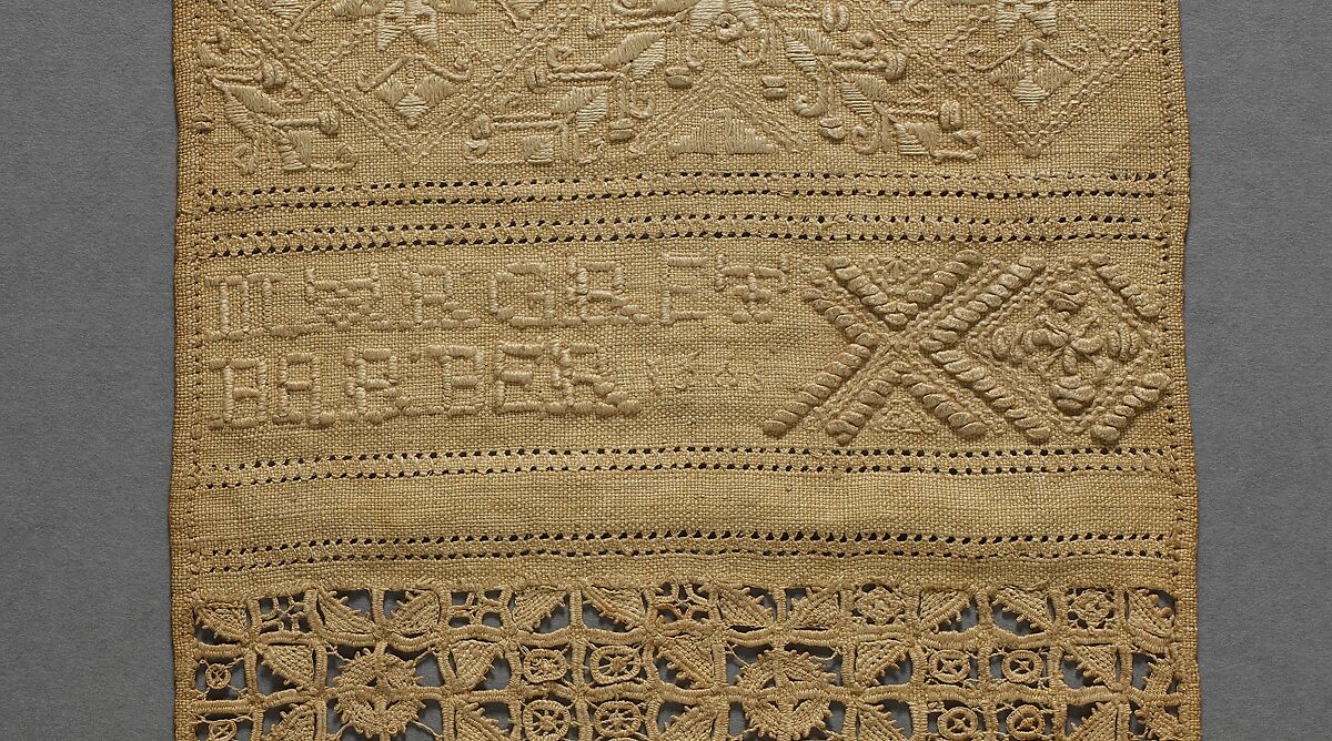 Sampler, Margret Barber, Linen worked with silk and linen thread: reticella, double running, eye, cross, satin, and Gobelin stitches, British