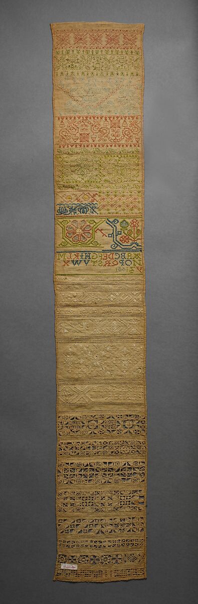 Sampler, Margret Barber, Linen worked with silk and linen thread: reticella, double running, eye, cross, satin, and Gobelin stitches, British