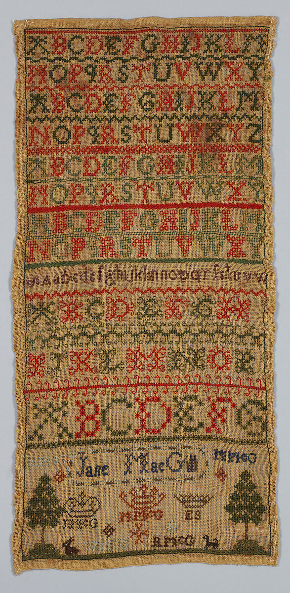 Sampler, Wool and silk on hemp canvas, English or Scottish 