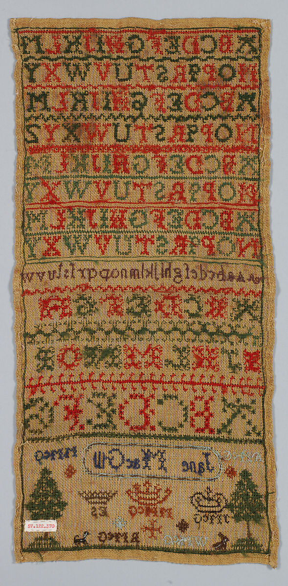 Sampler, Wool and silk on hemp canvas, English or Scottish