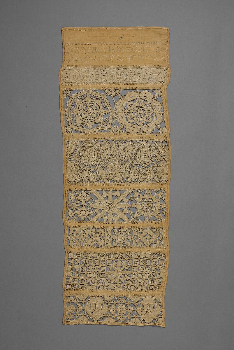 Sampler with needle lace and cutwork, Sarah Thral, Linen embroidered with linen thread; reticella, satin, and eye stitches, British