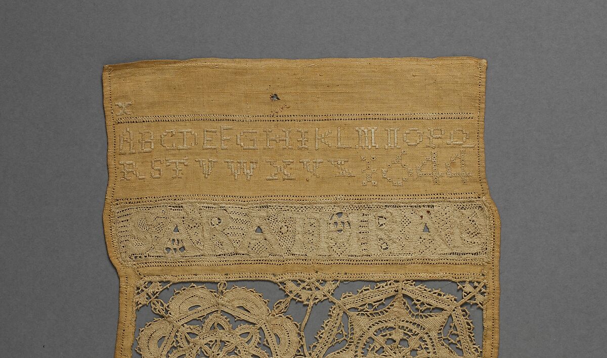 Sampler with needle lace and cutwork, Sarah Thral, Linen embroidered with linen thread; reticella, satin, and eye stitches, British