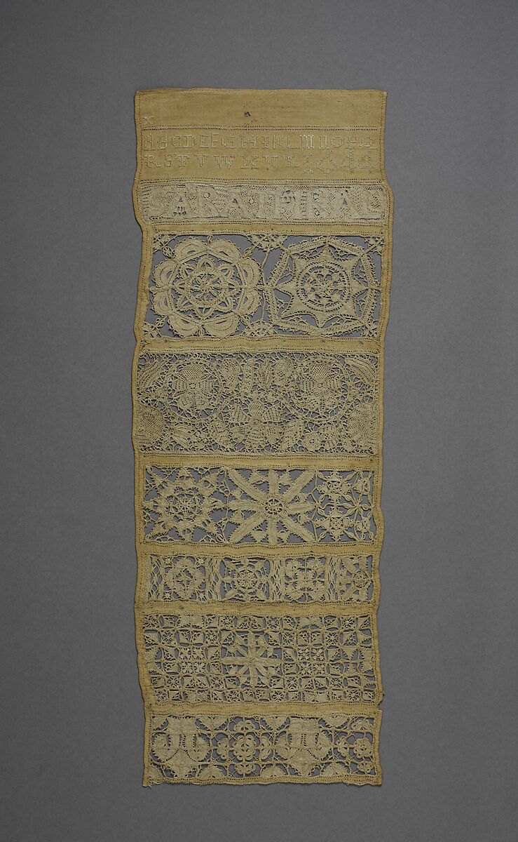 Sampler with needle lace and cutwork, Sarah Thral, Linen embroidered with linen thread; reticella, satin, and eye stitches, British 