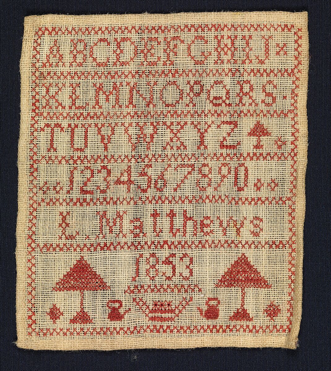 Sampler made at a charity school, L. Matthews (British), Cotton embroidery on linen, British 