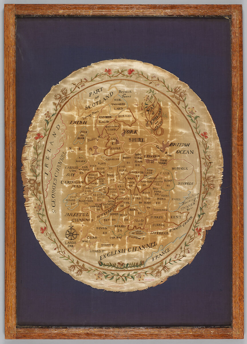 Embroidered map sampler, Silk on silk satin, British 