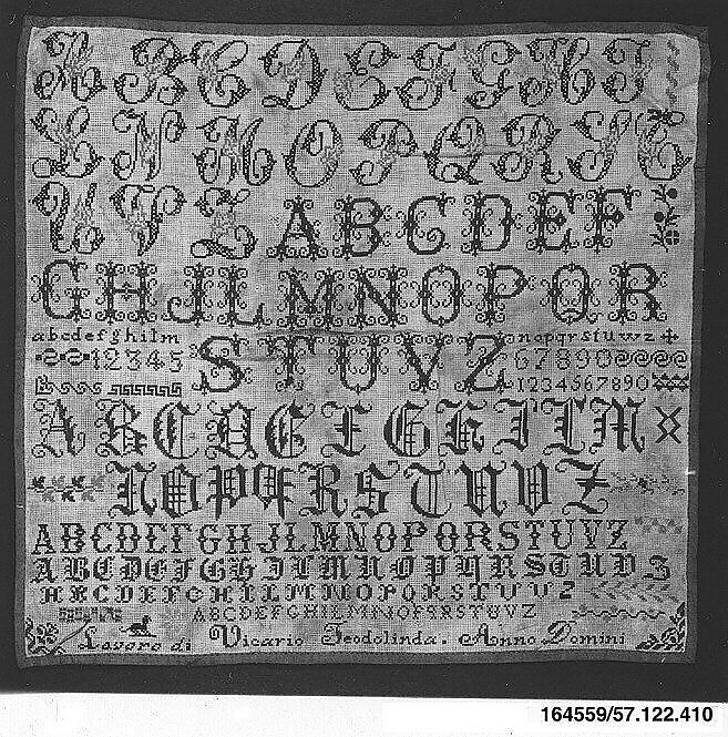 Sampler, Cotton and silk on canvas, Italian 