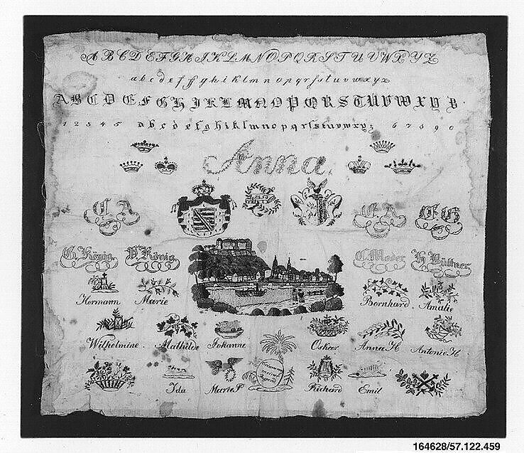 Sampler, Cotton and metal thread on linen, German 