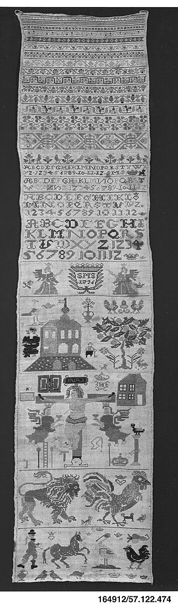 Sampler, Silk and metal thread on linen, German 