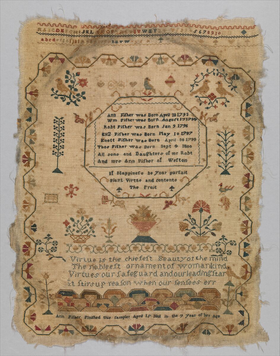 Sampler, Silk on wool canvas, British 