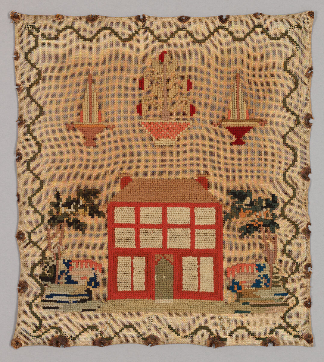 Sampler, Silk and wool on linen canvas, British 