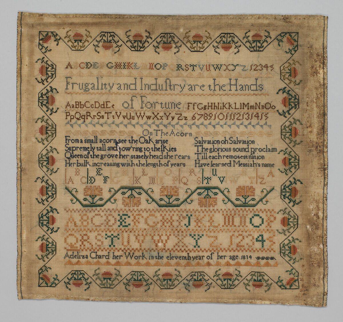 Sampler, Silk on wool canvas, British 