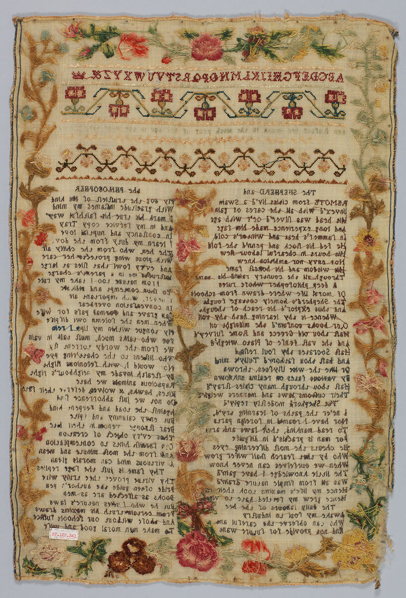 Sampler, Silk and wool on wool canvas, British